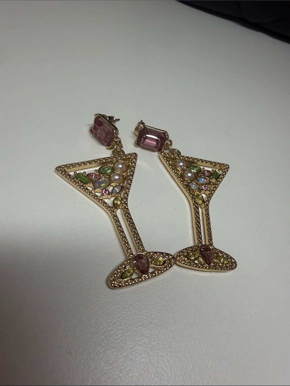 Gold-Tone Pink Cocktail Glass Drop Earrings - Women Jewelry - Picture 2 of 2